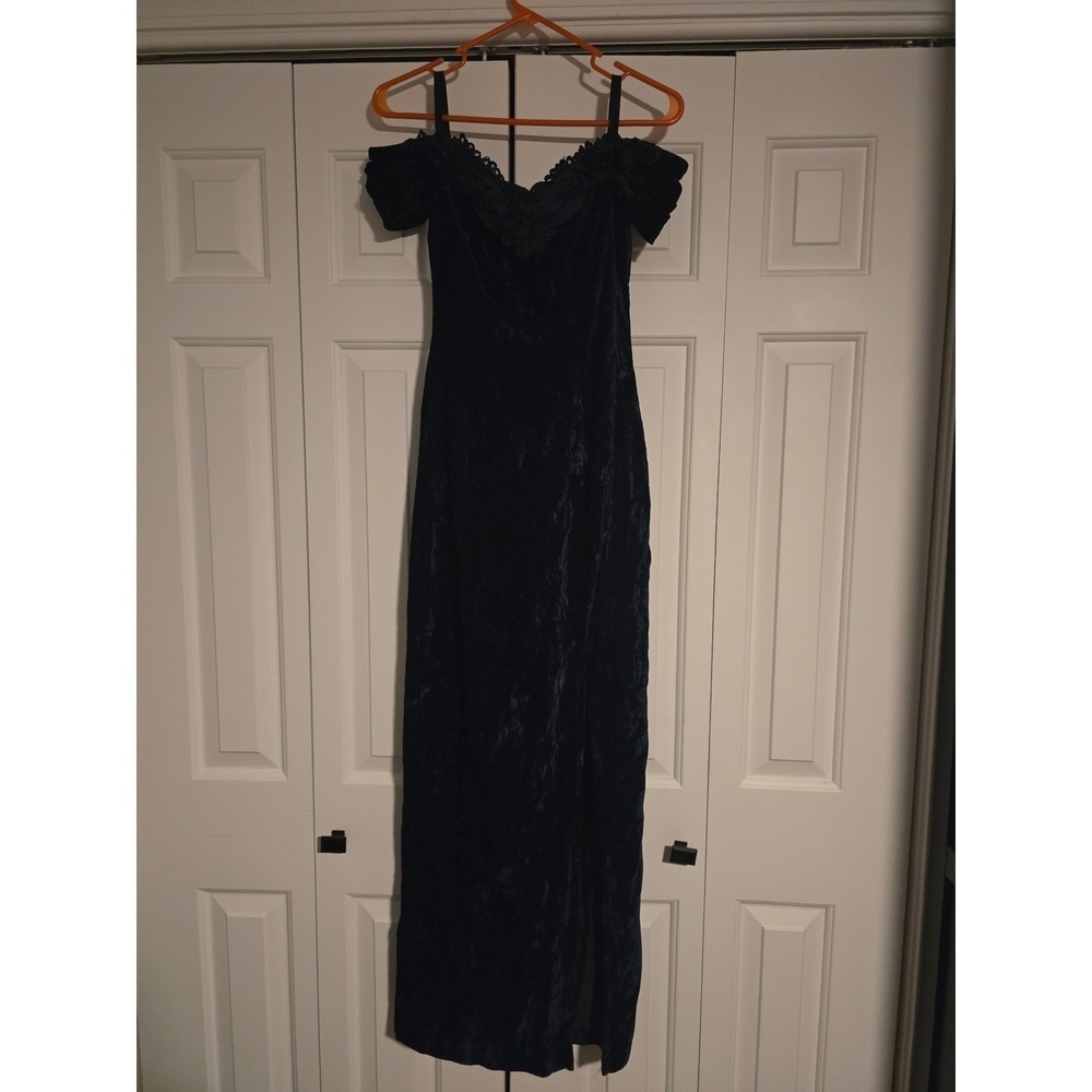 Vintage Jump Velvet Maxi Dress Off Shoulder Teal Blue Lace Trim Gown Size 3/4
